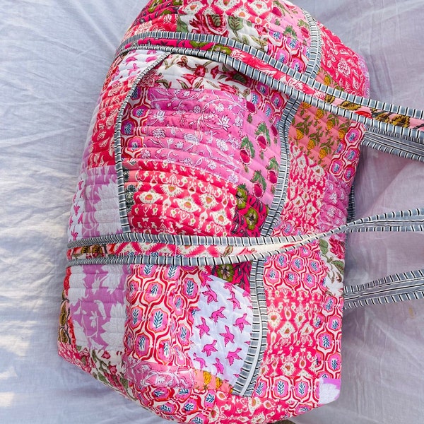 Bolsas de lona grandes con parches de algodón, bolsas de fin de semana de tela acolchada con estampado de bloques para mujeres, regalos navideños, bolsas de viaje coloridas hechas a mano para pasar la noche.