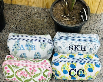 Large cotton quilted makeup bags, hand-block print woman's market handbags, personalized bride-name embroidery cosmetic pouch gift for her