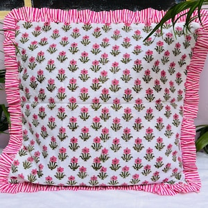 Block Print Boho Cushion Cover With Frill Handmade Cotton Bed Throw Pillows, bohemian pillow cushion cover vintage home decor frill cushion