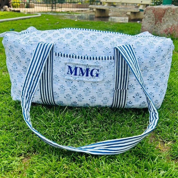 Large Cotton Monogram Duffle Bags Blockprint Quilted Fabric Weekender Bags For Women Holiday Gifts Handmade Colorful Travel Overnight Bags