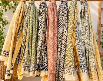 Beautiful Hand Block Print Hand-Made Cotton Sarong, Bagru Print Pareo Decorative Summer Beach Scarf Bagru Print, Bikini Cover-Up Wrap,