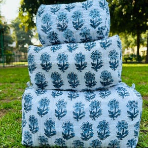 Large Cotton Quilted Cosmetic Bags, Hand Block Printed Toiletry Pouch With Zipper, Travel Makeup Accessory Bag, Cosmetic Pouch For Women