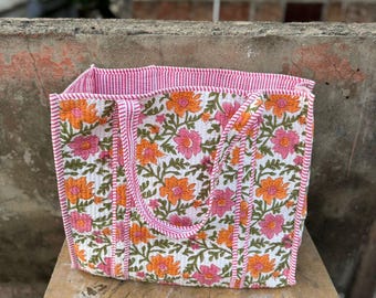 Large cotton quilted tote bag, woman's stylish market carry-on tote bag, boho pool bag, holiday gift bag, weekender bag, gift for her,