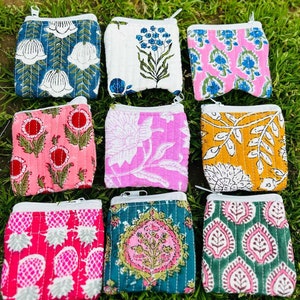 Bolsa de monedas de tela acolchada de algodón, billetera pequeña con estampado de bloques de mano, monedero de monedas de viaje, mini bolsa de almacenamiento de joyas para mujeres, regalos de bolsa con cremallera