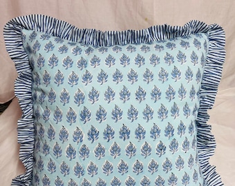 Ruffle Handmade block print pillow cover , Printed pillow cases, cotton throw pillow, Natural pillow case, custom size, both side print