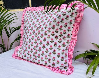 Bohemian Floral Block Print Frill Cushion Cover, Handmade Indian Cotton Boho Throw Pillow, Pink Ruffle Sofa Decor Pillowcase, Farmhouse Gift