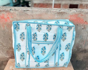 Vintage hand-block cotton quilted zipper tote bag, woman travel handbag, floral print market shopping carry-on tote bag, wedding gift bag,