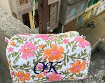 Indian hand block cotton quilted plastic pouch bag, woman travel cosmetic pouch bag, floral printed boho travel pouch bag, bride gift bag,