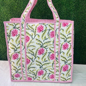 Floral Handprinted Large Quilted Tote Bags | Boho Overnight Weekender Beach Tote Bag | Eco Friendly Shopping Grocery Travel Bags For Women
