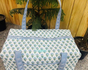 Embroidery Large Cotton Quilted Duffel Bag, floral Hand Block woman Boho Luggage Duffle Bag, Travel Shoulder Bag, Custom Name Duffle Bag,