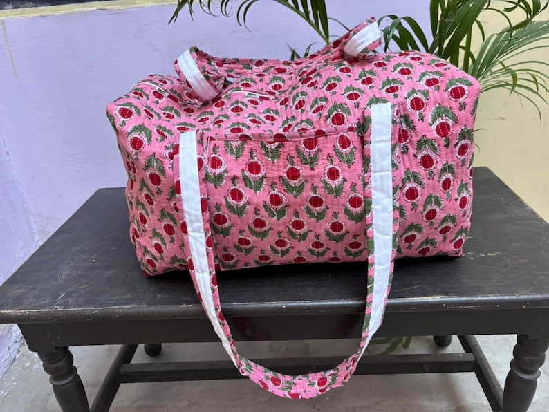 Handmade Quilted Duffle Bag – Aqua Floral Print Weekender