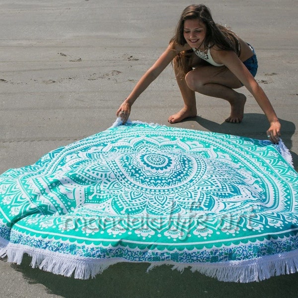 Round Beach Or Pcnc Blanket, Orgnal Hand Panted Blue Mandala On 59 Beach Towel - Etsy - View #7