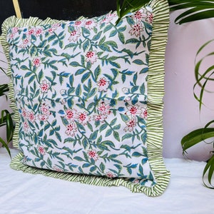 Vintage Flower Block Print Frill Cushion Cover Handmade Sofa Decor Cushion Green Striped Print Frill Ruffle Cushion Boho Cushion For Women