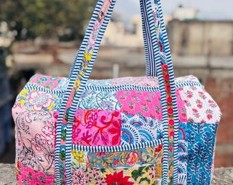 Large Cotton Quilted Patches Duffle Bags Block print Fabric Weekender Bags For Women Holiday Gifts Handmade Colorful Travel Overnight Bag