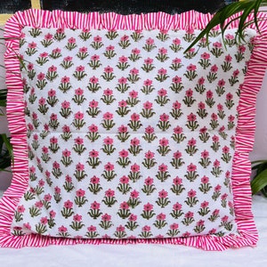 Bohemian Frill Striped Pillow Cover Pink Cotton Block Print Ruffle Throw Pillow Covers for Couch, Decorative Couch Pillows for Living Room,