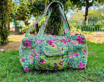 Bolsas de lona grandes acolchadas de algodón para el fin de semana, bolsas de viaje de tela acolchada con estampado en bloques para mujeres, regalos navideños, bolsas coloridas hechas a mano para pasar la noche