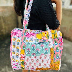 Große Baumwoll-Patches Duffle Taschen Blockprint Quilted Stoff Wochenendtaschen Für Frauen Weihnachtsgeschenke Handgemachte Bunte Reisetaschen