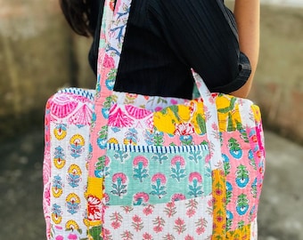 Large Cotton Patches Duffle Bags Blockprint Quilted Fabric Weekender Bags For Women Holiday Gifts Handmade Colorful Travel Overnight Bags