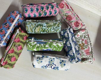 Cotton Quilted Pencil Case, Floral Makeup Brush Bag,  Cosmetic Travel Pouch, Bridesmaid Gift, Stationery Organizer Unique Gift for Kids,