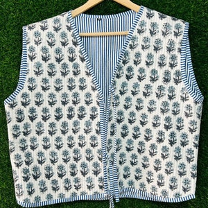 Women&#39;s Cotton Quilted Jacket, Hand Block Floral Print Waist Coat, Unisex Jackets, Tie front Jacket, Handmade Gifts, Sleeveless Jackets