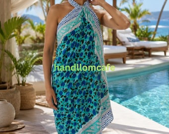 Cotton Block Print Sarong Beach Wrap Pareo Sarongs Boho Neck Head Wrap Sarong For Women Holiday Gifts Lightweight Soft Fabric Sarong