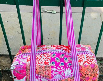 Grandes parches de algodón Bolsas de lona Bolsa de equipaje hecha a mano con estampado en bloque Bolsas de viaje acolchadas para el fin de semana Bolsas de lona para picnic Bolsas con asa de mano boho