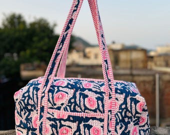 Large Cotton Quilted Weekender Duffle Bags Blockprint Quilted Fabric Travel Bags For Women Holiday Gifts Handmade Colorful Overnight Bags
