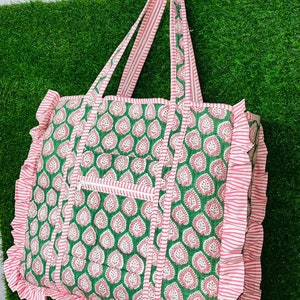 Große Baumwolle gesteppte Rüschen Einkaufstasche Umweltfreundliche nachhaltige Lebensmitteleinkauf Handgemachte Rüschen Traval Taschen Boho Weekender Tasche Tragen Sie alle Tote