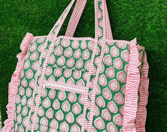Large Cotton Quilted Frill Tote Bag Eco friendly Sustainable Grocery Shopping Handmade Ruffle  Traval Bags Boho Weekender Bag Carry All Tote