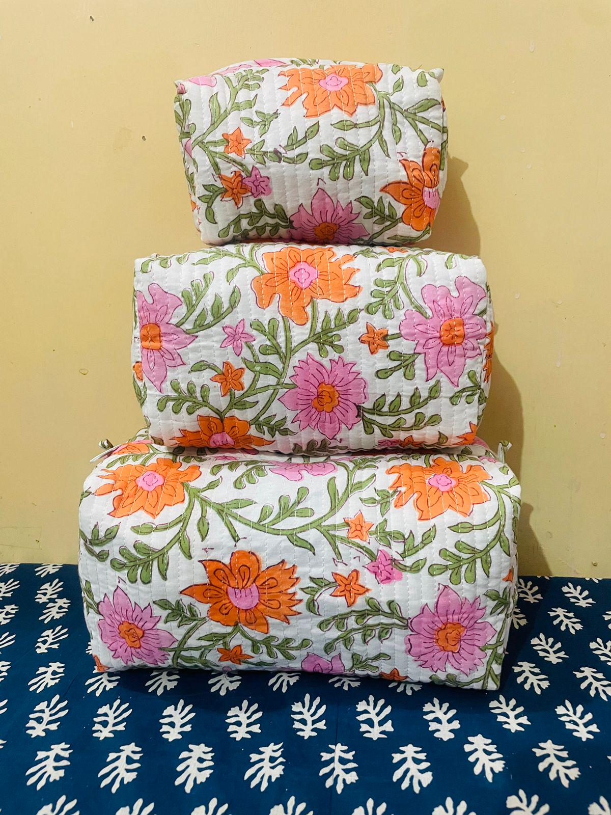 Vintage Indian block Print Large Toiletry Bag, Colorful Make Up Bag Quilted Fabric Cosmetic Bag Toiletry Travel Pouch