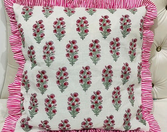 Floral Block Print Cotton Frill Cushion Cover Fabric Cushion Case Boho Ruffle Pillow Cotton Pillowcase Sofa Cushion Cover Bohemian Pillow