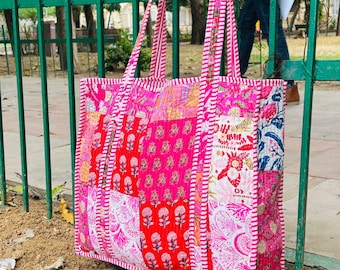 Large Cotton Quilted Patches Tote Shoulder Bag Vintage Floral Eco-friendly Sustainable Bag Yoga Beach Bags Boho Weekender Bags Gift For Her,