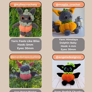 May include: A collage titled Tester Appreciation featuring four crocheted creature dolls. Each doll has a pumpkin-shaped body, pointed ears, and a ruffled collar. The text includes social media handles, yarn brands, and specific hook and eye sizes in mm.