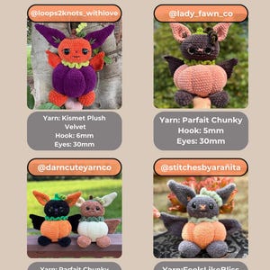 May include: A collage titled Tester Appreciation featuring four crochet plush creatures resembling bats with pumpkin-shaped bodies. Each image includes social media handles, yarn types, hook sizes ranging from 3.5mm to 6mm, and eye sizes from 18mm to 30mm.