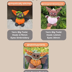 May include: A Tester Appreciation graphic featuring three crocheted bat-like creatures with pumpkin bodies. Each section lists the creator's handle, yarn brand, hook size in mm, and eye type or size in mm. The creatures have wings, ears, and fangs.