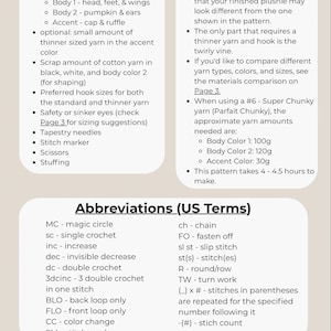 May include: A crochet pattern document page titled Supplies, Notes, and Abbreviations (US Terms). It lists required materials like yarn, hooks, safety eyes, needles, and scissors, alongside notes on yarn amounts in grams and a list of crochet abbreviations.
