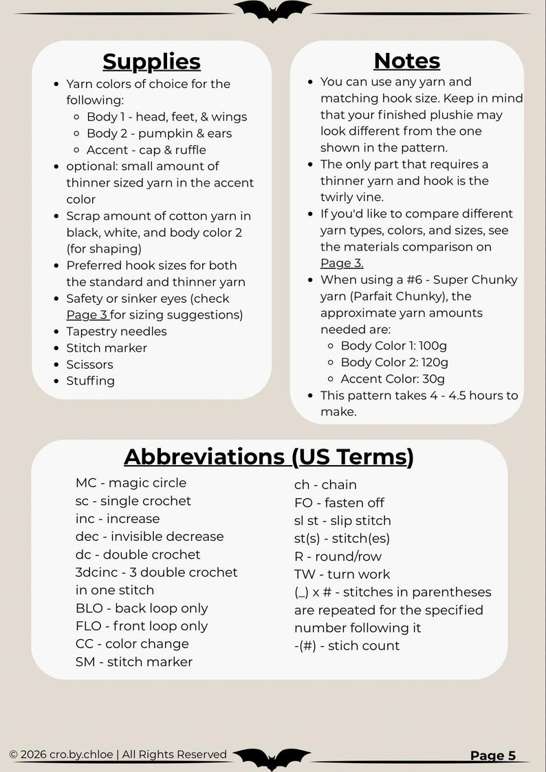 May include: A crochet pattern document page titled Supplies, Notes, and Abbreviations (US Terms). It lists required materials like yarn, hooks, safety eyes, needles, and scissors, alongside notes on yarn amounts in grams and a list of crochet abbreviations.