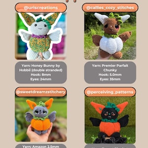 May include: A collage titled Tester Appreciation featuring four crocheted creatures with pumpkin-shaped bodies. Each section displays a unique plush toy with large ears, wings, and varied yarn types, hook sizes, and eye measurements listed below each image.