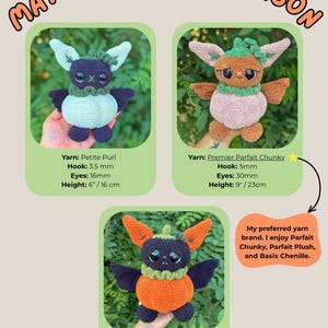 May include: A materials comparison chart featuring three crocheted bat creatures. The first uses Petite Purl yarn, 3.5mm hook, 16mm eyes, and is 6 inches tall. The second uses Premier Parfait Chunky, 5mm hook, 30mm eyes, and is 9 inches tall. The third uses Big Twist Posh and Baby Bear yarn, 5mm hook, 30mm eyes, and is 9.5 inches tall.
