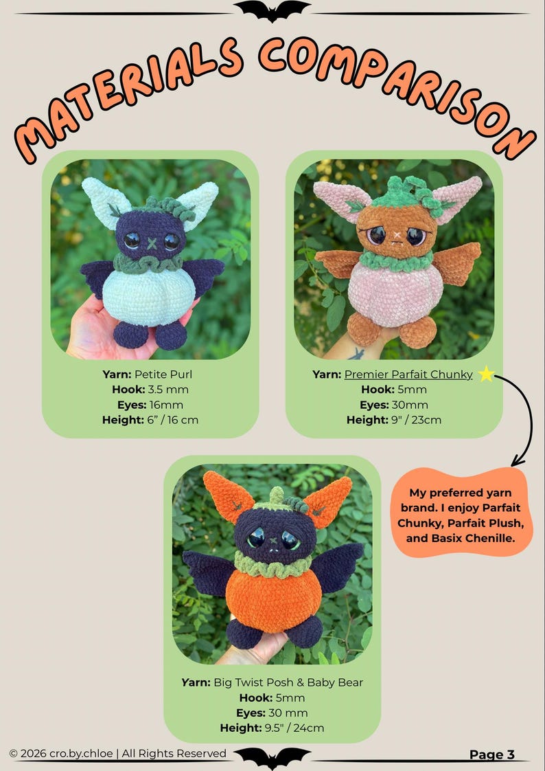 May include: A materials comparison chart featuring three crocheted bat creatures. The first uses Petite Purl yarn, 3.5mm hook, 16mm eyes, and is 6 inches tall. The second uses Premier Parfait Chunky, 5mm hook, 30mm eyes, and is 9 inches tall. The third uses Big Twist Posh and Baby Bear yarn, 5mm hook, 30mm eyes, and is 9.5 inches tall.