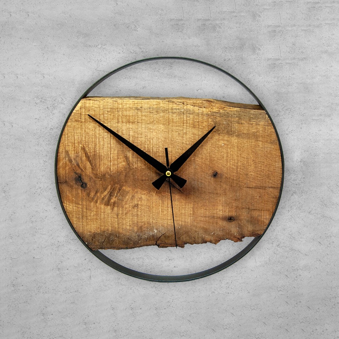 Live Edge Wood and Metal Wall Clock, Unique Rustic Decor for Home and