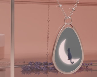 Sailor Moon Inspired Oval Necklace with Half Moon and Cat Design - Perfect Gift for Mom or Daughter's Birthday, Cute and Stylish!
