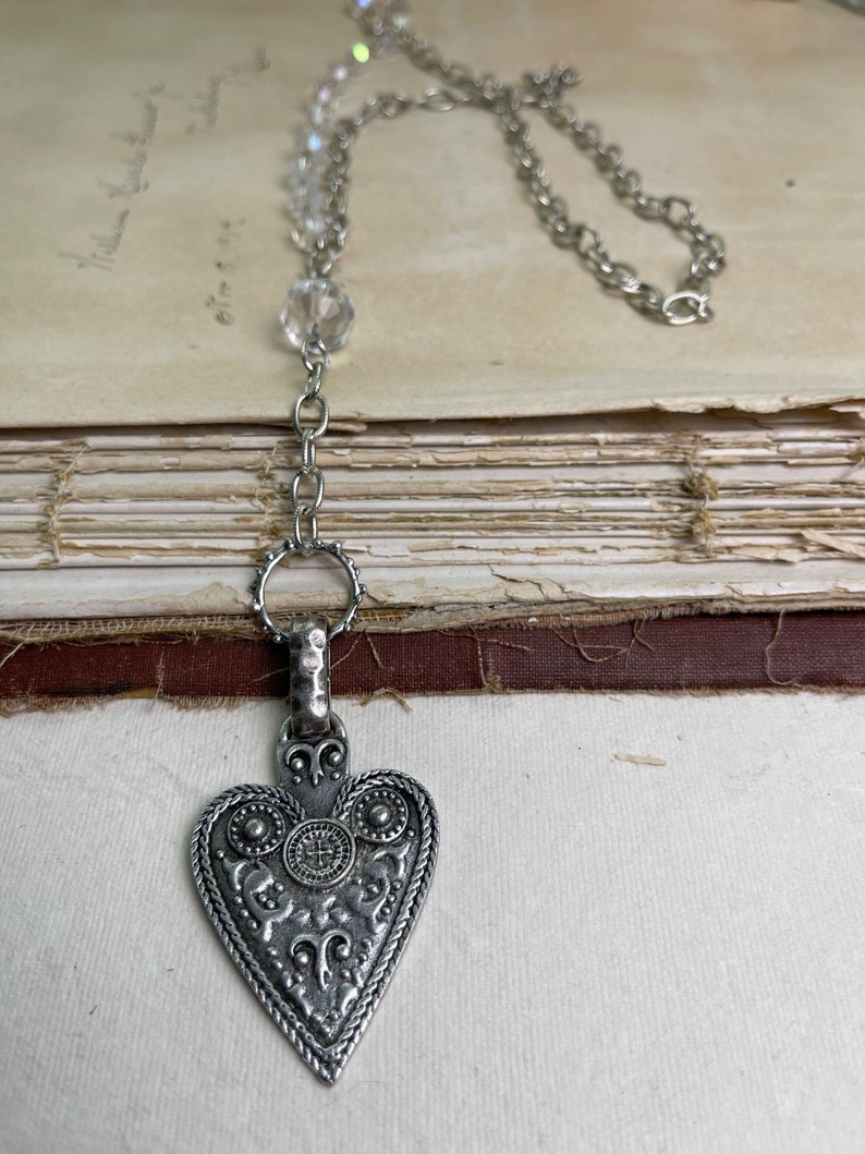 Pewter Scrolled Heart Long Bead & Chain Necklace - Etsy