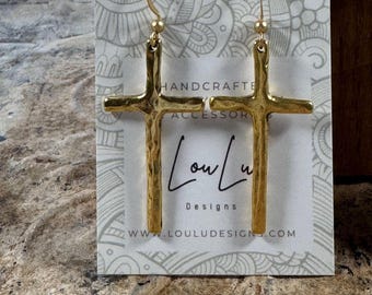 Hammered Cross Dangle Earrings Gold or Silver
