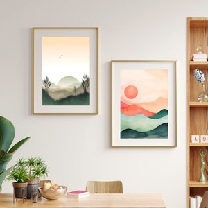 Minimalistic Nuture Digital Art , Pack of 14 High-Quality Ready to Print Posters, Modern, Boho, Bright, Minimal, Tree, Mountain, Landscape