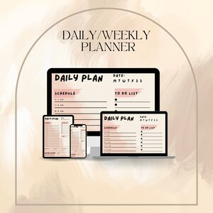 May include: A digital daily and weekly planner with a pink watercolor background. The planner is shown on a desktop computer, tablet, and smartphone. The planner includes sections for schedule, to do list, and date.