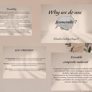 May include: A collage of informational cards about Jesmonite, a versatile composite material. The cards highlight durability, eco-friendliness, and its use. Text includes "Why we do use Jesmonite?" and "Hand Madeby Anny A."