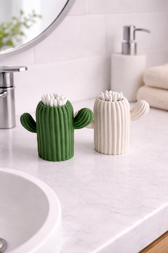 Kaktus Watte Halter – Jesmonite Badezimmer Organizer | Modernes minimalistisches Wohnkultur & Geschenk | Q-Tip Aufbewahrung | Einzigartiges Eitelkeitszubehör
