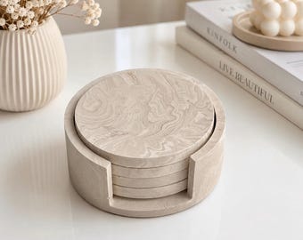Holder and Coaster Set 4 | Stone Marble Beige Effect | Handmade | Jesmonite | Minimalist Neutral Home Decor Drinkware  & Gifts