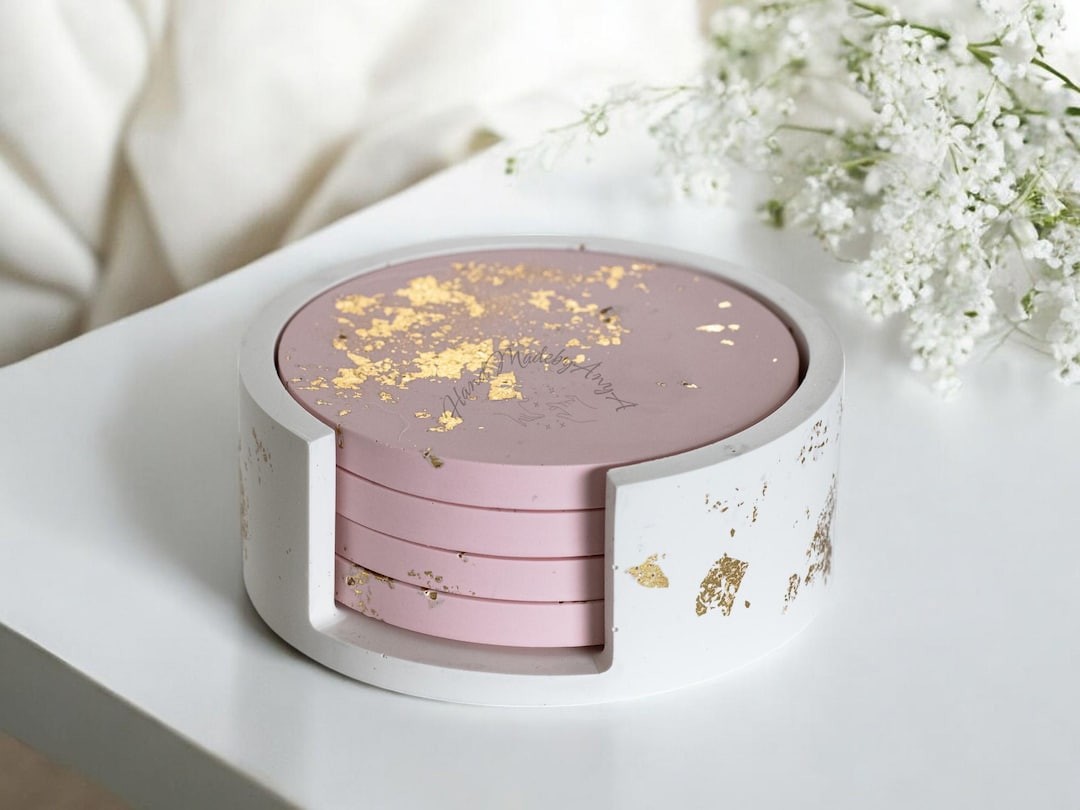 Pink Coaster Set Holder and Coaster Set 4 Pink Marble Effect Jesmonite Handmade Home ...